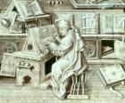 Переписчика монах работы с пером и чернилами на пергаменте или бумаге в скриптории